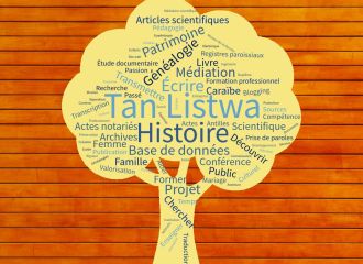 tanlistwa, image d'un nuage de mot en forme d'arbre comprenant des mots (histoire, généalogie, base de données, projet, patrimoine...)