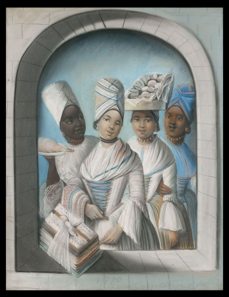 tanlistwa, peinture représentant quatre femmes noires de différentes nuances de peau, richement vêtues et parées de bijouxx